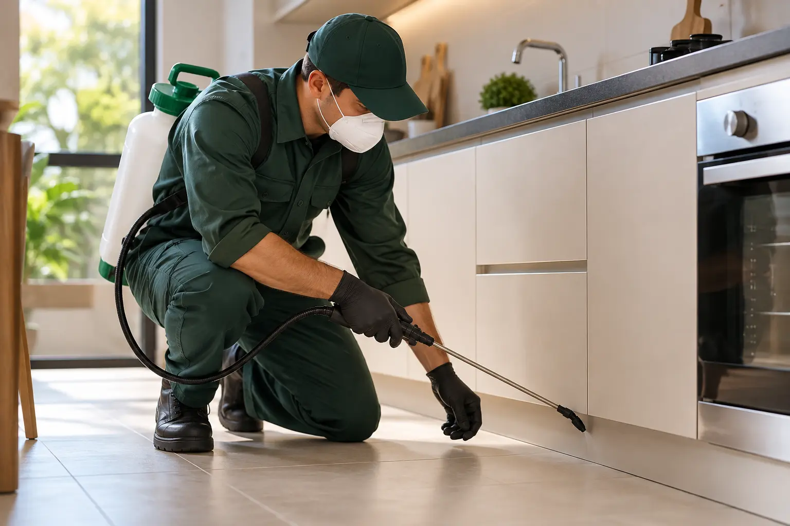 Profissional realizando controle de formigas em cozinha residencial de Irecê BA