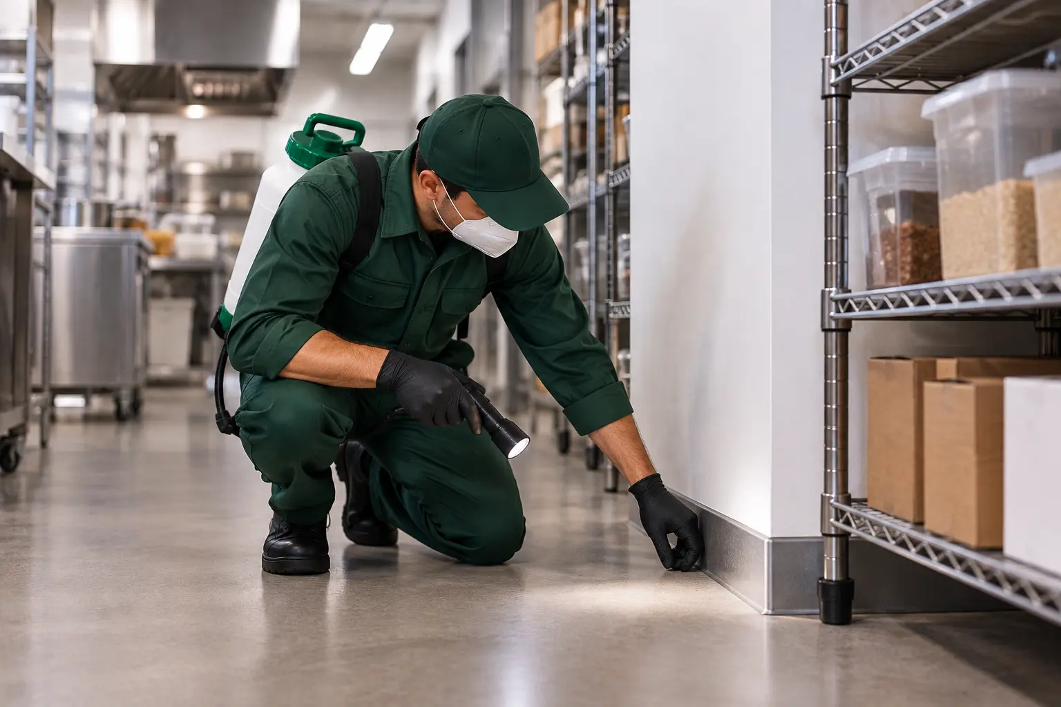 Profissional fazendo controle de pragas em ambiente comercial de Irecê BA