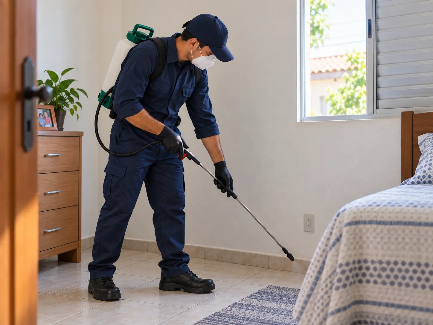 Profissional aplicando controle de pragas em residência de Irecê BA